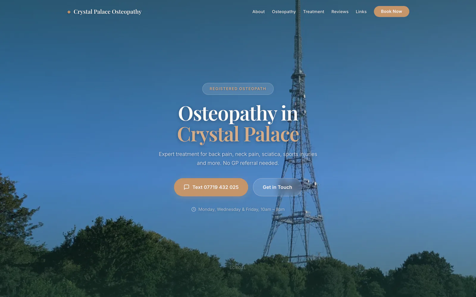 Crystal Palace Osteopathy homepage — 'Osteopathy in Crystal Palace' hero over the Crystal Palace transmitter