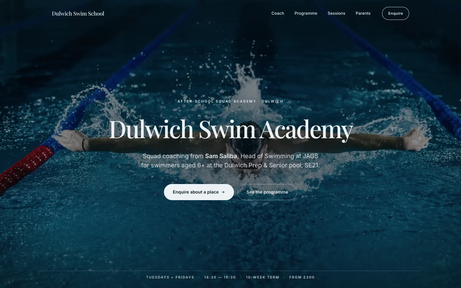 Dulwich Swim Academy homepage — 'Dulwich Swim Academy' serif headline over a full-bleed photograph of a swimmer mid-stroke