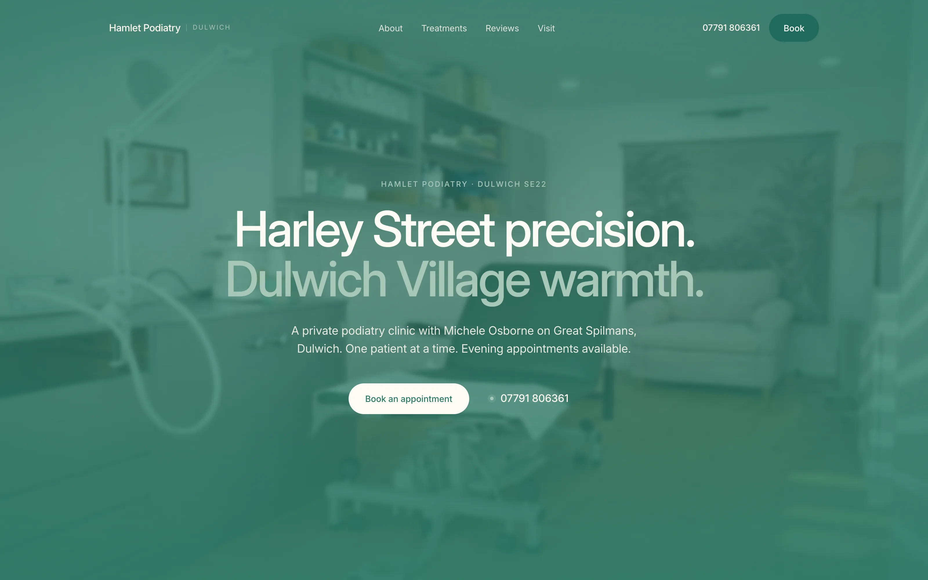 Hamlet Podiatry homepage — 'Harley Street precision. Dulwich Village warmth.' headline over a photograph of the clinic treatment room