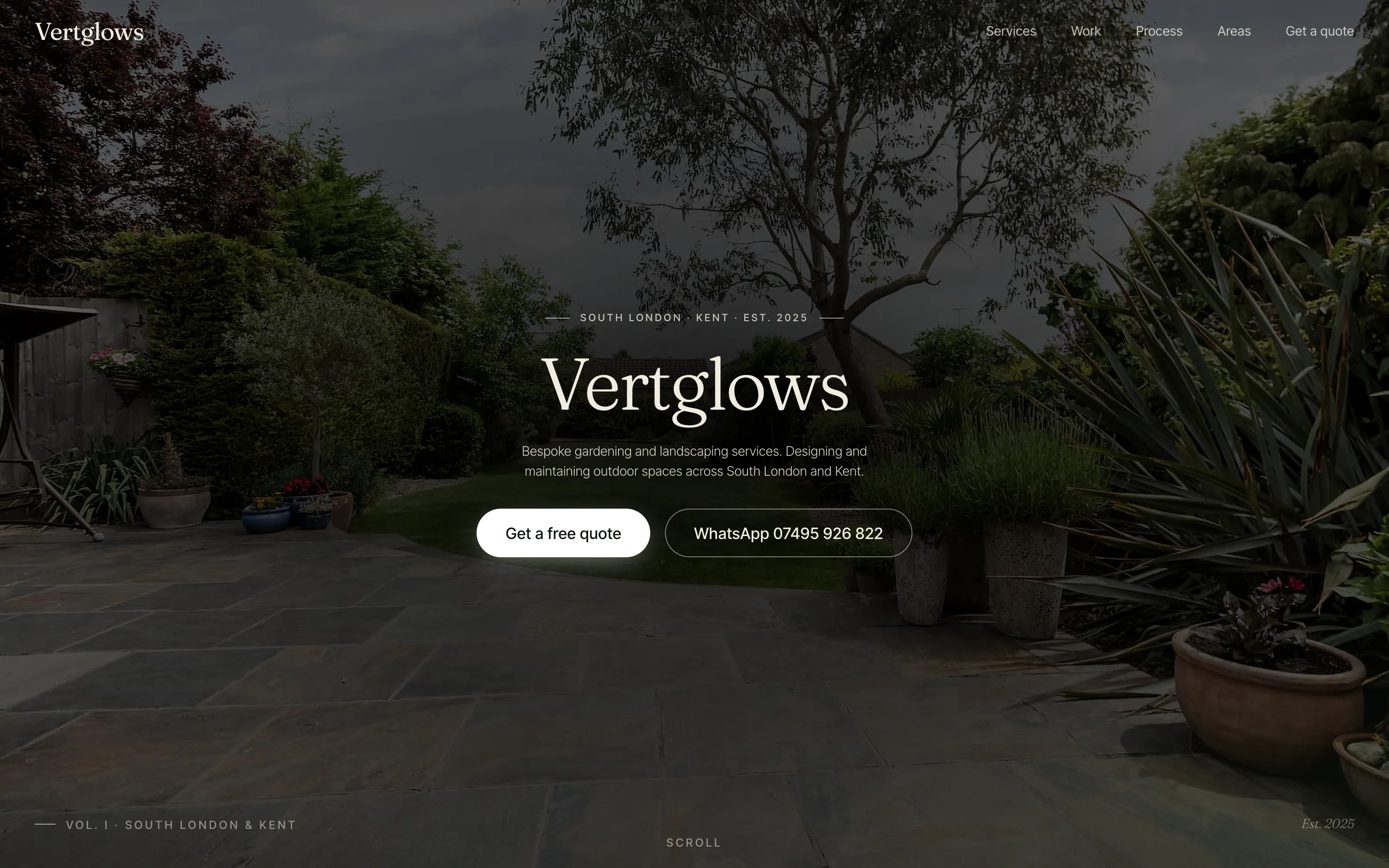 Vertglows homepage — 'Vertglows' wordmark over a photograph of a maintained garden at dusk with festoon lighting