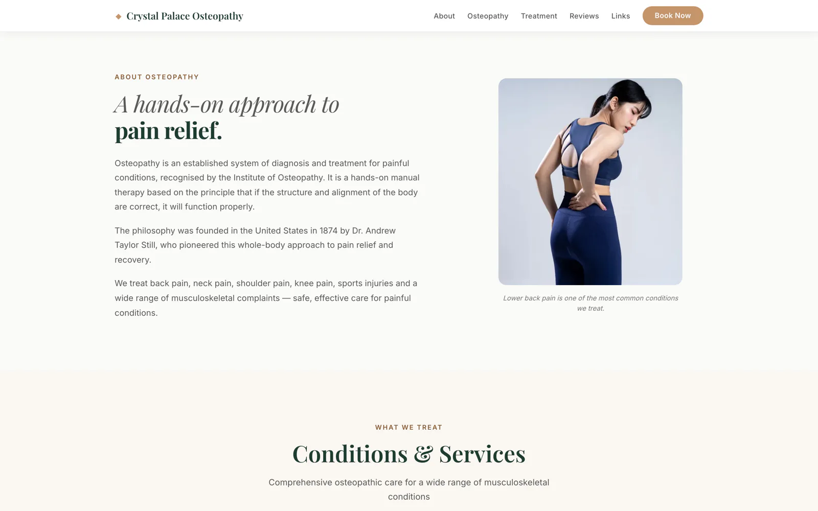 Editorial 'A hands-on approach to pain relief' section with a photograph of a woman holding her lower back