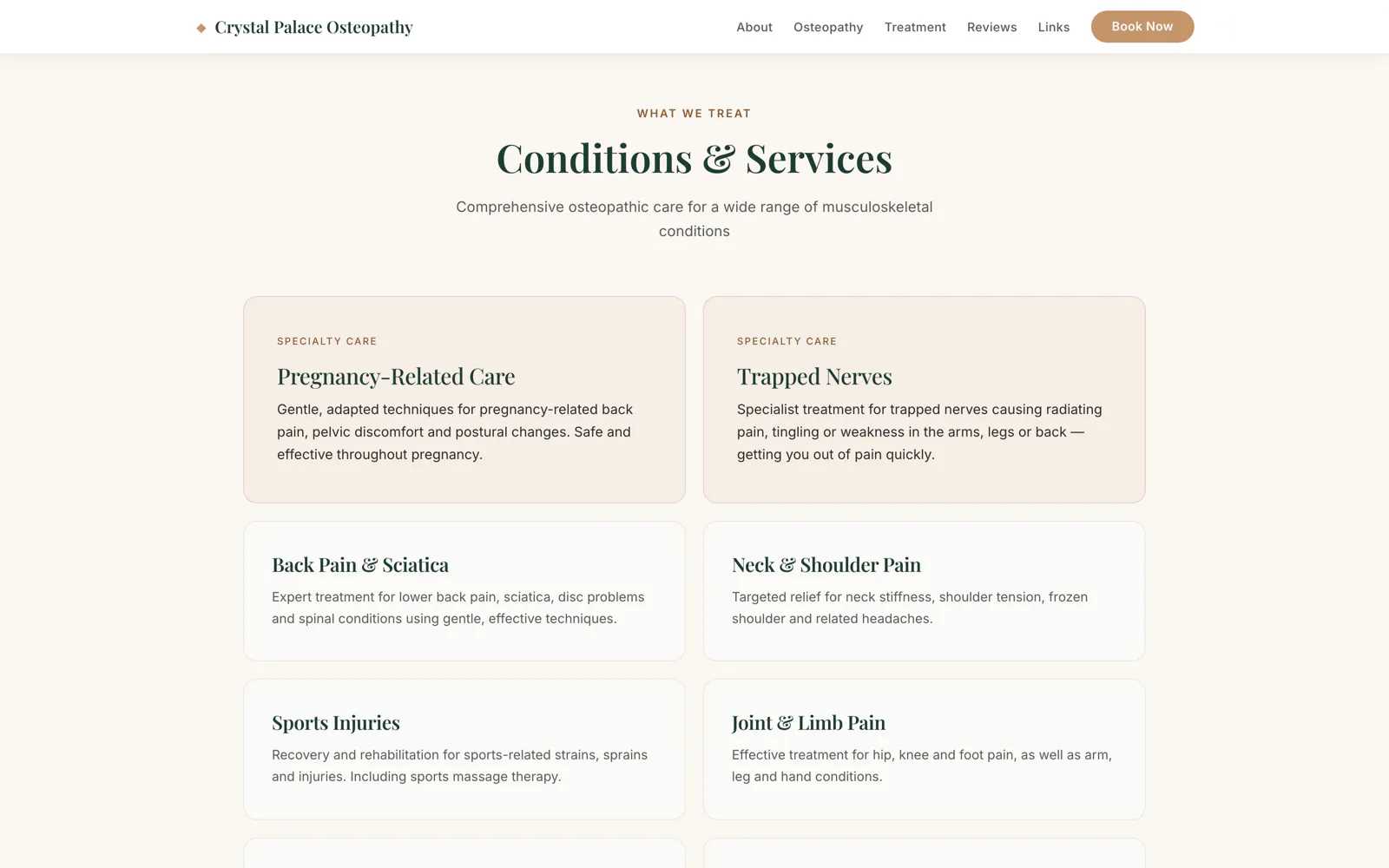 The Conditions & Services section: 'What We Treat' label, 'Conditions & Services' heading, featured Pregnancy-Related Care and Trapped Nerves cards, then a grid of six treatment categories