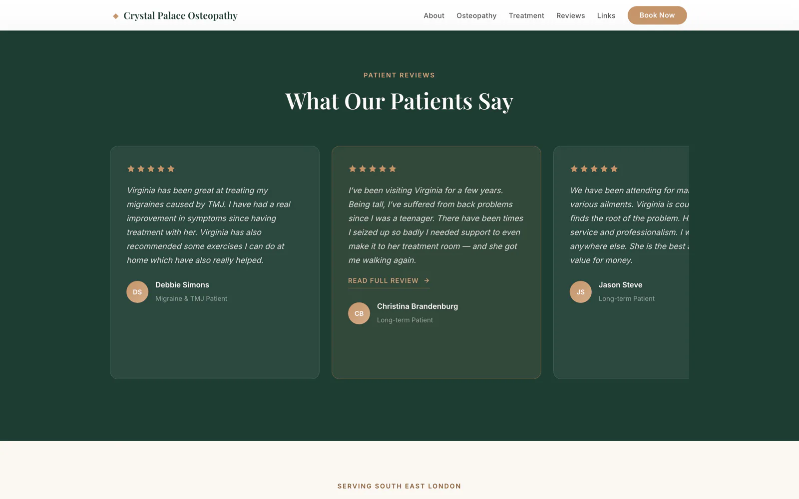 Dark green patient testimonials section with three reviews and five-star ratings
