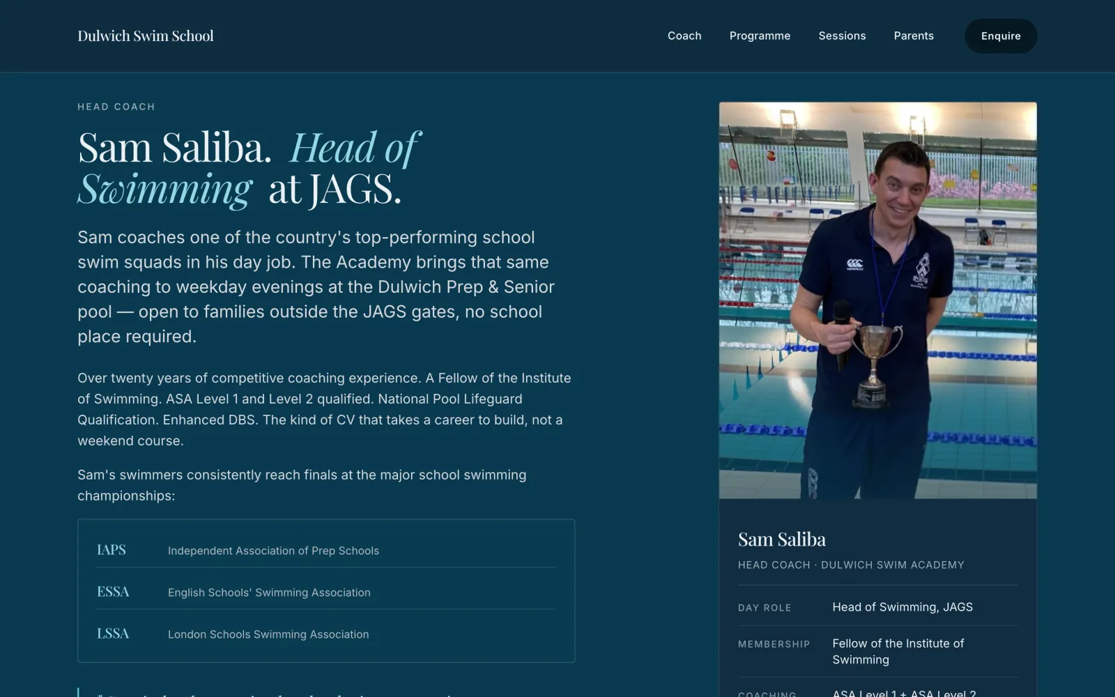 The coach section on desktop — 'Sam Saliba. Head of Swimming at JAGS.' editorial headline with a portrait of Sam holding a trophy alongside a deep-navy credentials card listing his coaching qualifications