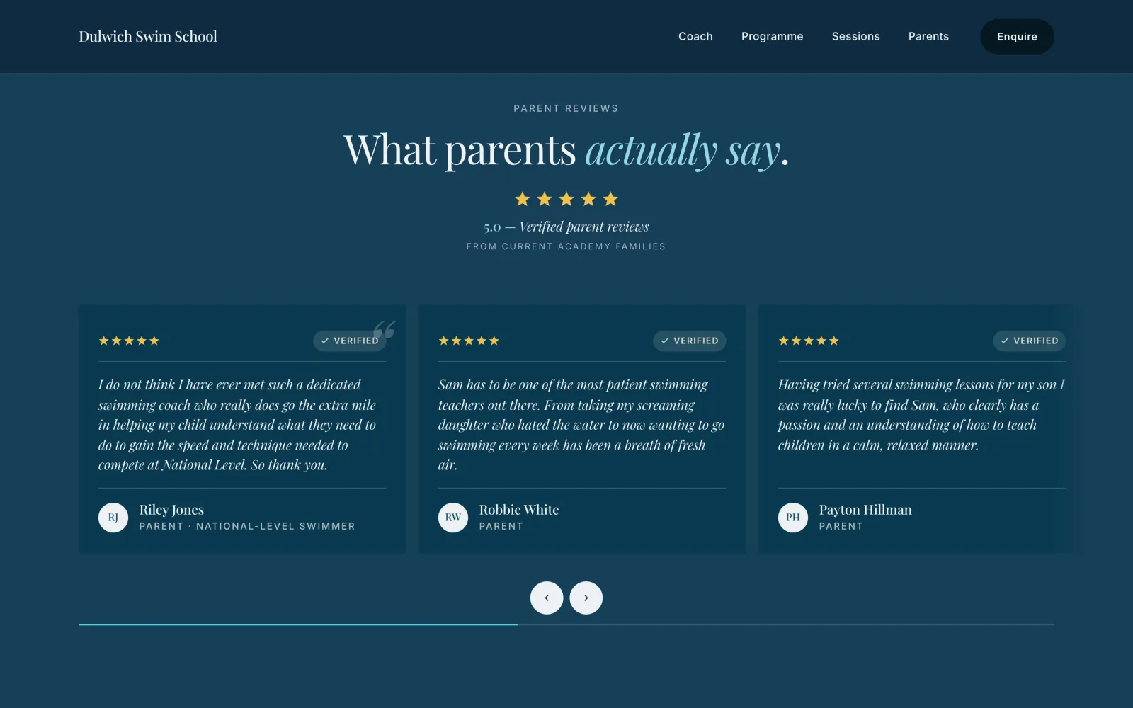The reviews section — 'What parents actually say' headline with a 5-star rating header and a horizontal carousel of three deep-navy review cards plus a track-record card listing IAPS, ESSA and LSSA championship finals