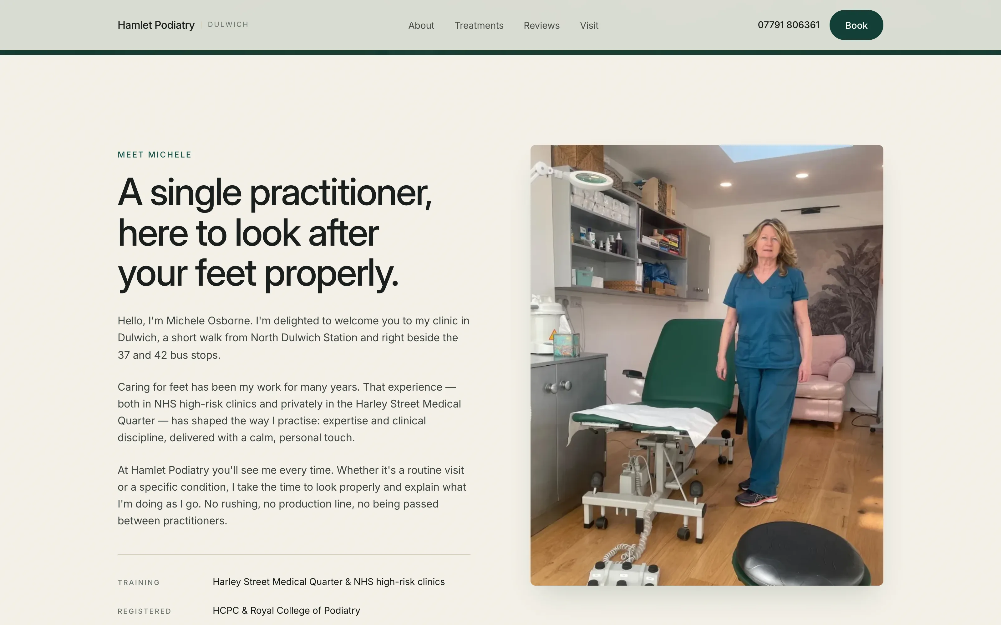 The About Michele section: 'A single practitioner, here to look after your feet properly.' headline, three-paragraph biography, a facts table listing Training, Registration and Approach, and a photograph of Michele Osborne in her clinic