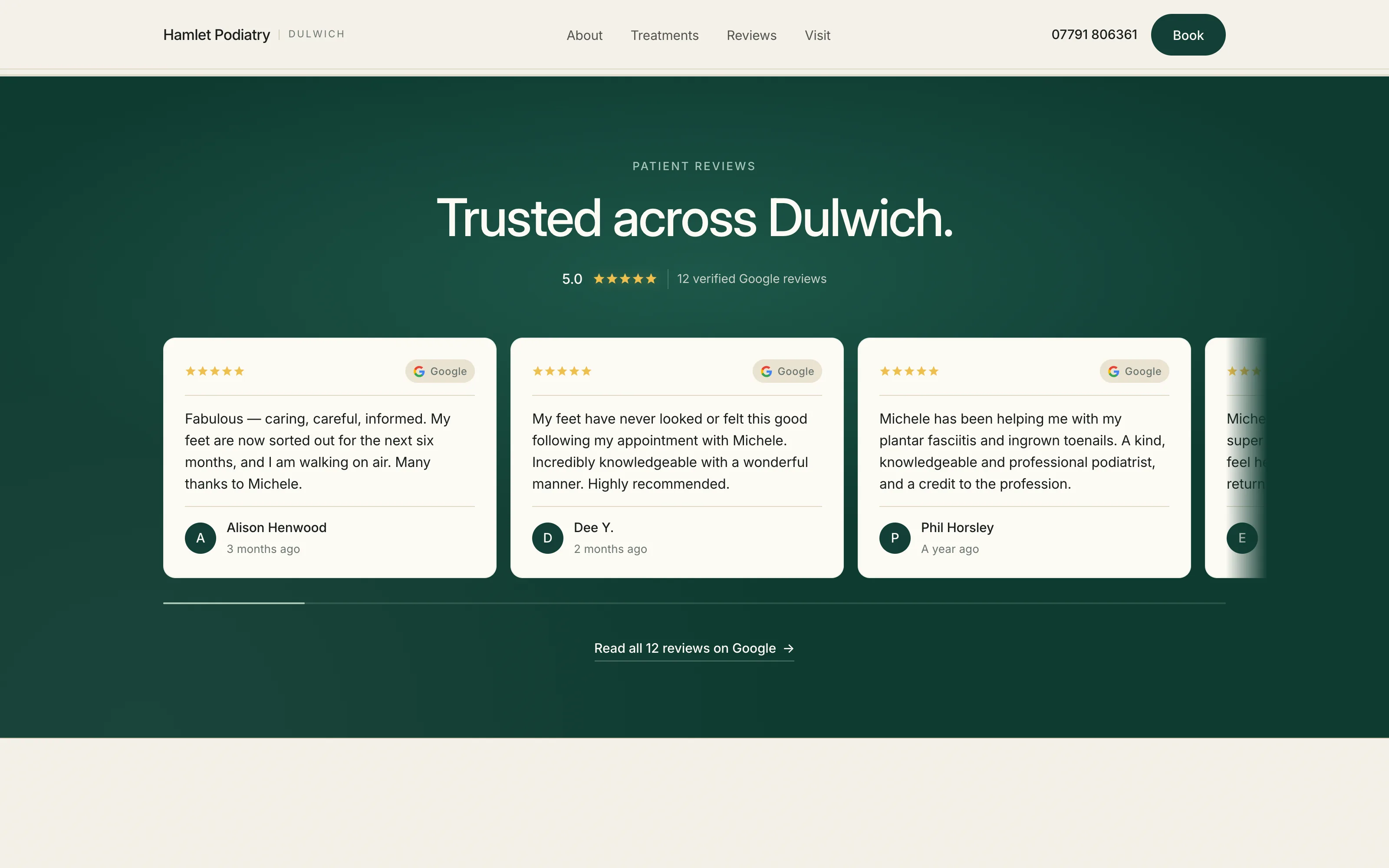 The deep-green reviews section: 'Trusted across Dulwich' heading, 5.0 aggregate rating, 12 verified Google reviews on an auto-advancing editorial carousel with a progress bar below